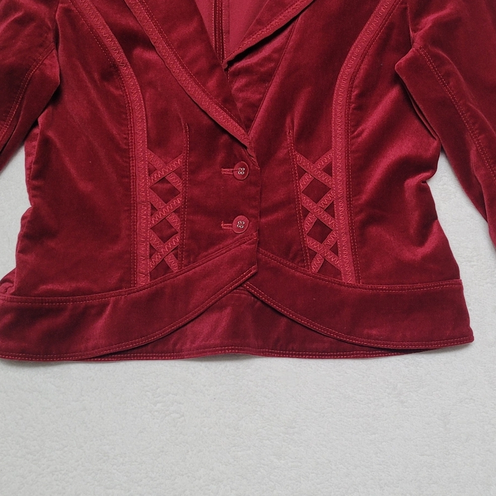 White House Black Market Vintage 90s Ruby Red Velvet Corset Style Cropped Jacket - Picture 4 of 11